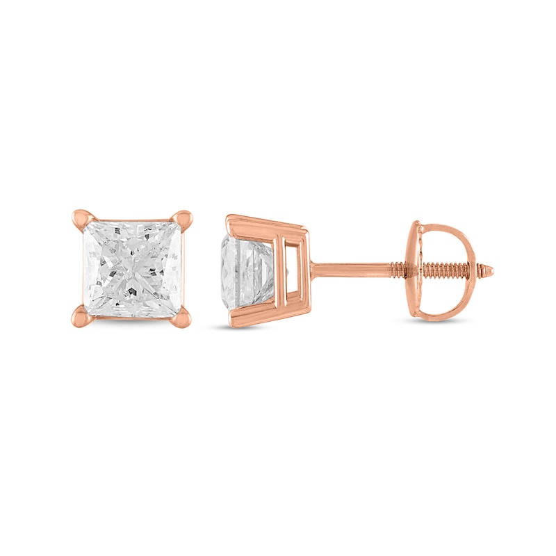 Main Image 2 of 1 CT. T.W. Certified Princess-Cut Diamond Stud Earrings in 14K Rose Gold (I/I1)