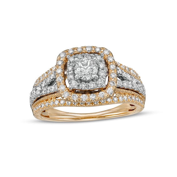 1 CT. T.w. Diamond Double Cushion-Shaped Frame Vintage-Style Engagement Ring in 14K Gold (I/I2)