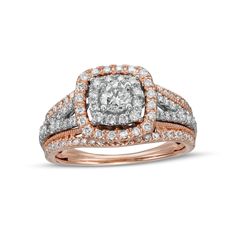 Main Image 1 of 1 CT. T.W. Diamond Double Cushion-Shaped Frame Vintage-Style Engagement Ring in 14K Rose Gold (I/I2)