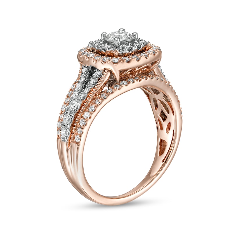 Main Image 3 of 1 CT. T.W. Diamond Double Cushion-Shaped Frame Vintage-Style Engagement Ring in 14K Rose Gold (I/I2)