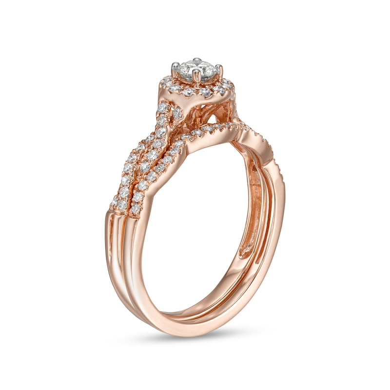 Main Image 3 of 1/2 CT. T.W. Diamond Frame Twist Shank Bridal Set in 10K Rose Gold (I/I2)