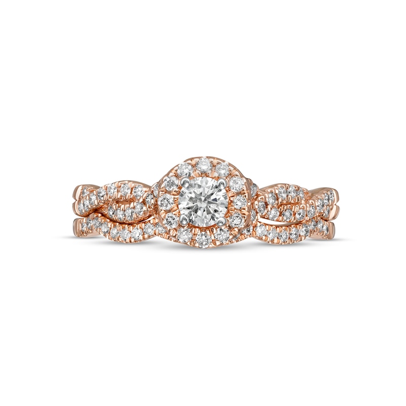 Main Image 4 of 1/2 CT. T.W. Diamond Frame Twist Shank Bridal Set in 10K Rose Gold (I/I2)