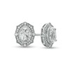 Oval White Lab-Created Sapphire and 1/6 CT. T.W. Diamond Ornate Frame Vintage-Style Stud Earrings in 10K White Gold