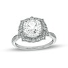 Thumbnail Image 0 of Cushion-Cut White Lab-Created Sapphire and 1/5 CT. T.W. Diamond Ornate Frame Vintage-Style Ring in 10K White Gold