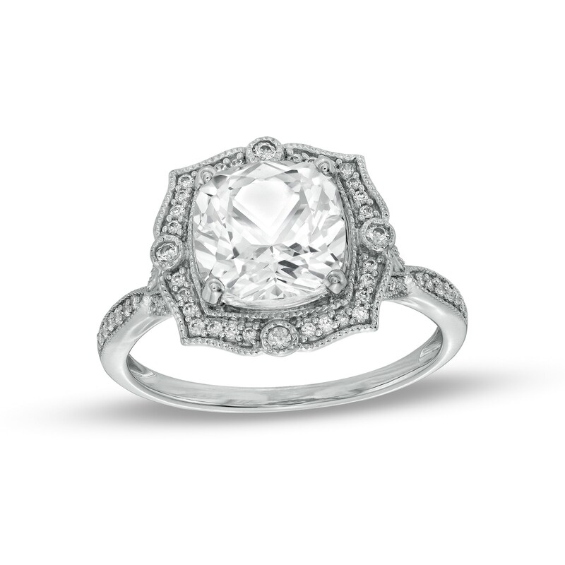 Cushion-Cut White Lab-Created Sapphire and 1/5 CT. T.W. Diamond Ornate Frame Vintage-Style Ring in 10K White Gold