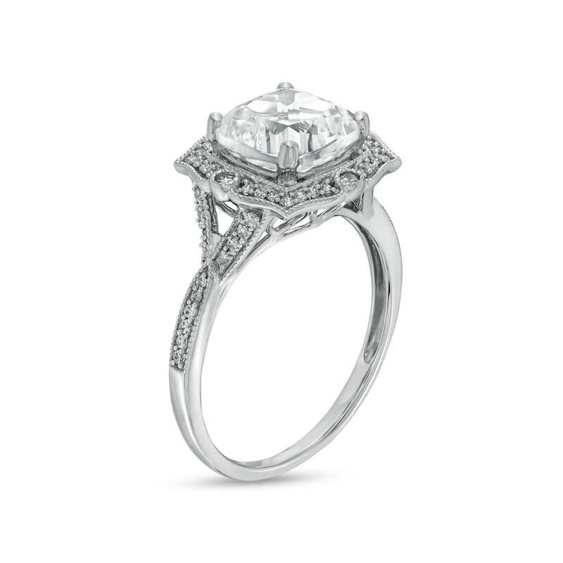 Cushion-Cut White Lab-Created Sapphire and 1/5 CT. T.W. Diamond Ornate Frame Vintage-Style Ring in 10K White Gold
