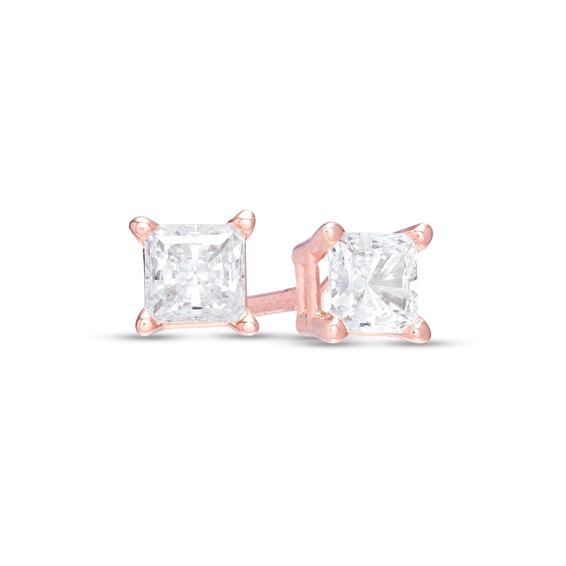 Main Image 1 of 1/3 CT. T.W. Princess-Cut Diamond Solitaire Stud Earrings in 14K Rose Gold (I/I2)
