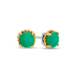 6.0mm Emerald Solitaire Rope-Textured Frame Stud Earrings in Sterling Silver and 10K Gold