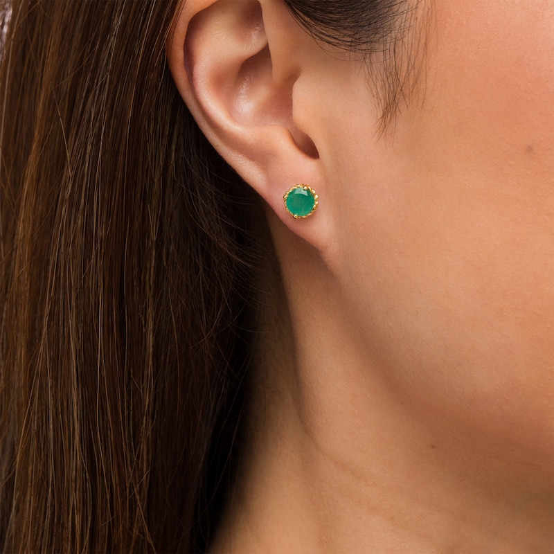 6.0mm Emerald Solitaire Rope-Textured Frame Stud Earrings in Sterling Silver and 10K Gold