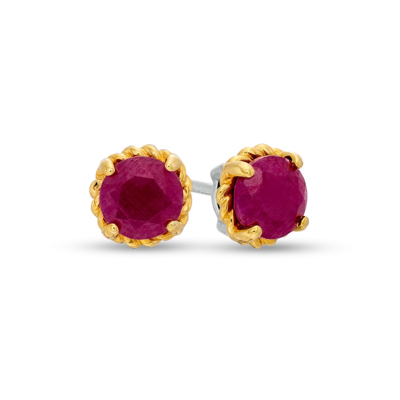 6.0mm Ruby Solitaire Rope-Textured Frame Stud Earrings in Sterling Silver and 10K Gold