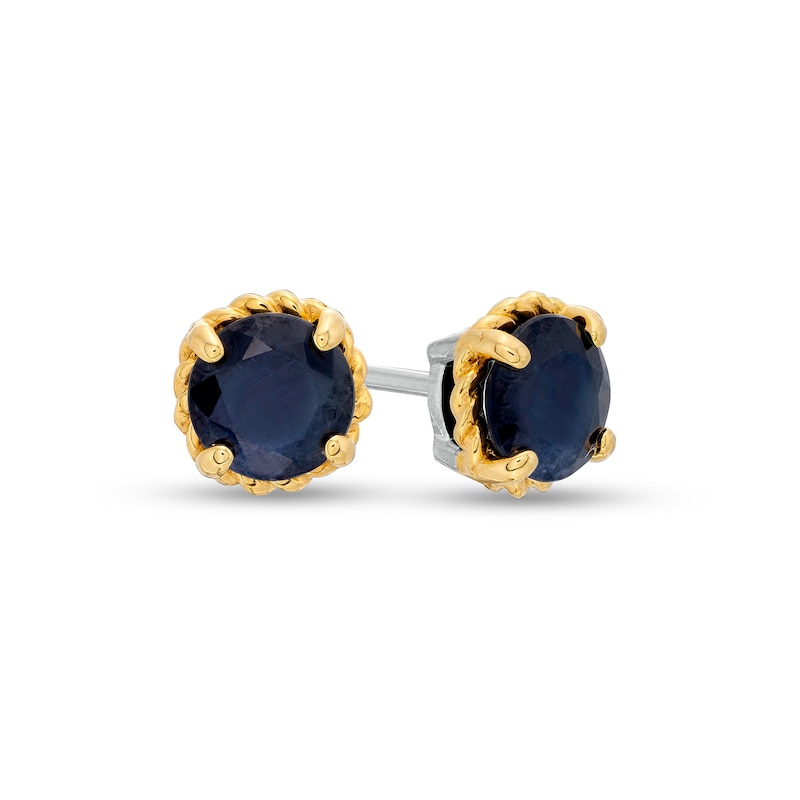 6.0mm Blue Sapphire Solitaire Rope-Textured Frame Stud Earrings in Sterling Silver and 10K Gold
