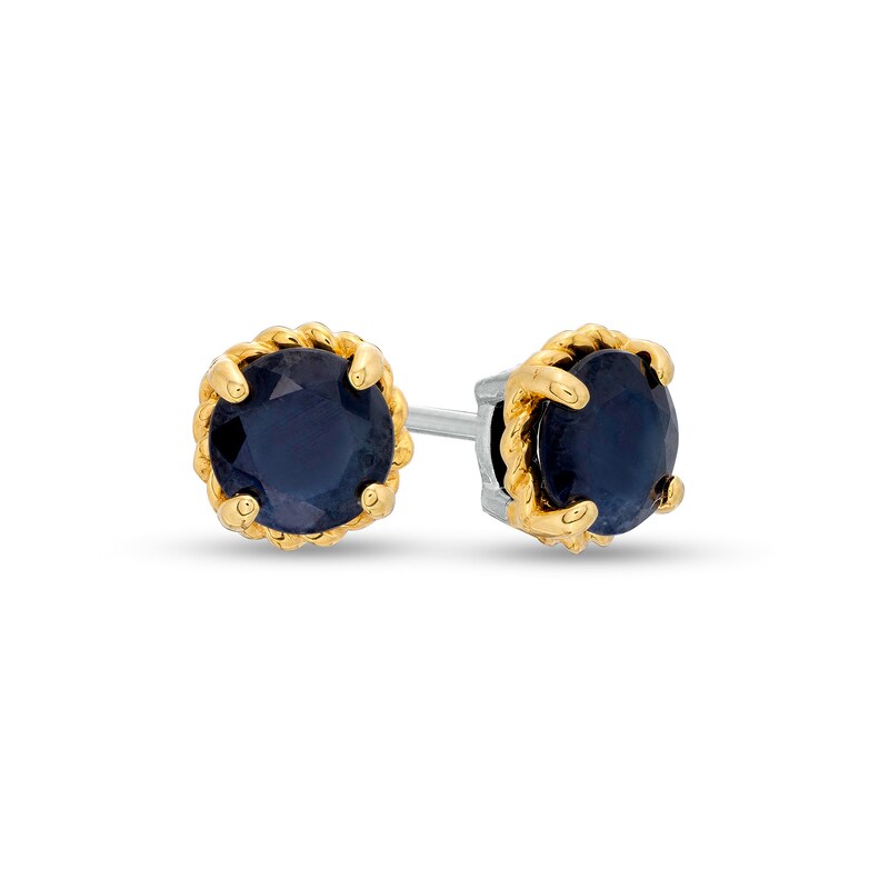 Main Image 1 of 6.0mm Blue Sapphire Solitaire Rope-Textured Frame Stud Earrings in Sterling Silver and 10K Gold