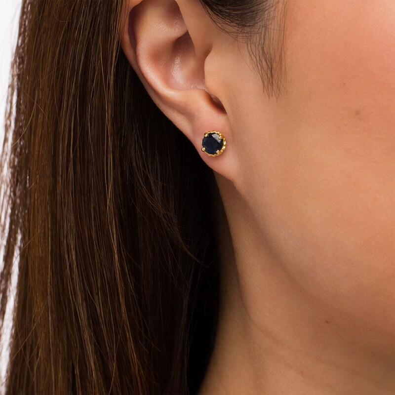 Main Image 2 of 6.0mm Blue Sapphire Solitaire Rope-Textured Frame Stud Earrings in Sterling Silver and 10K Gold