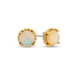 6.0mm Opal Solitaire Rope-Textured Frame Stud Earrings in Sterling Silver and 10K Gold