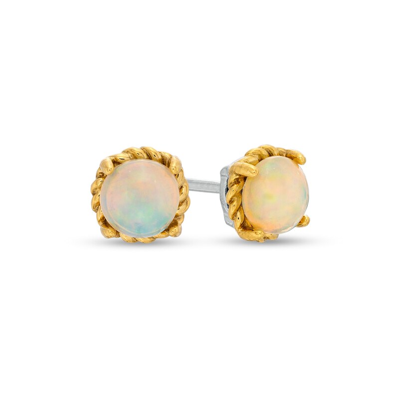 Main Image 1 of 6.0mm Opal Solitaire Rope-Textured Frame Stud Earrings in Sterling Silver and 10K Gold
