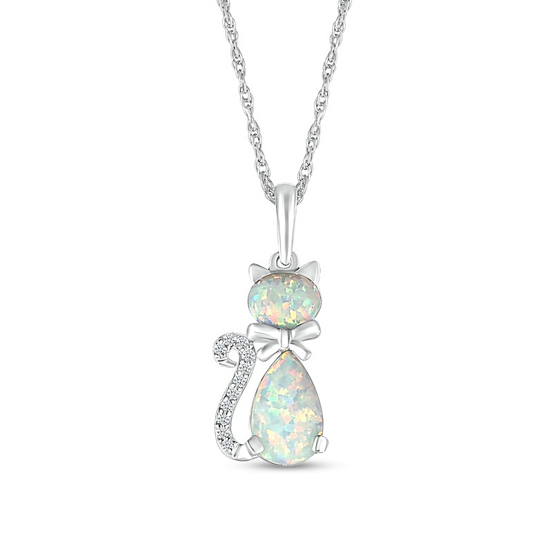 Pear-Shaped and Sideways Oval Lab-Created Opal and Diamond Accent Cat Pendant in Sterling Silver