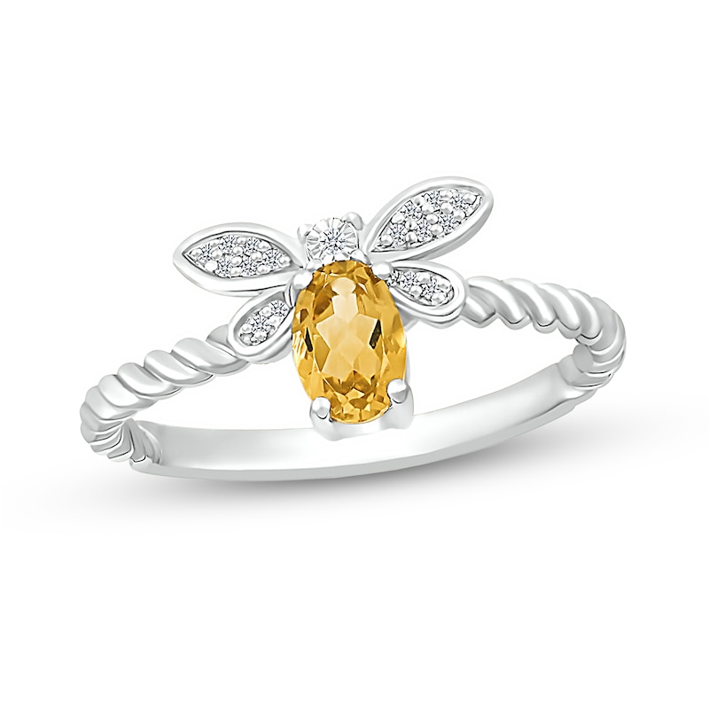 Oval Citrine and Diamond Accent Rope-Textured Dragonfly Ring in Sterling Silver