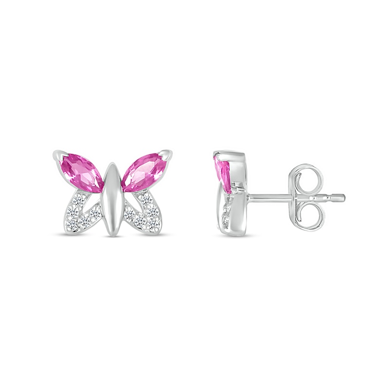 Marquise Pink and White Lab-Created Sapphire Butterfly with Wing Outline Stud Earrings in Sterling Silver