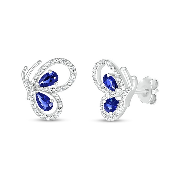 Pear-Shaped Blue Lab-Created Sapphire and 1/20 CT. T.w. Diamond Butterfly Profile Stud Earrings in Sterling Silver