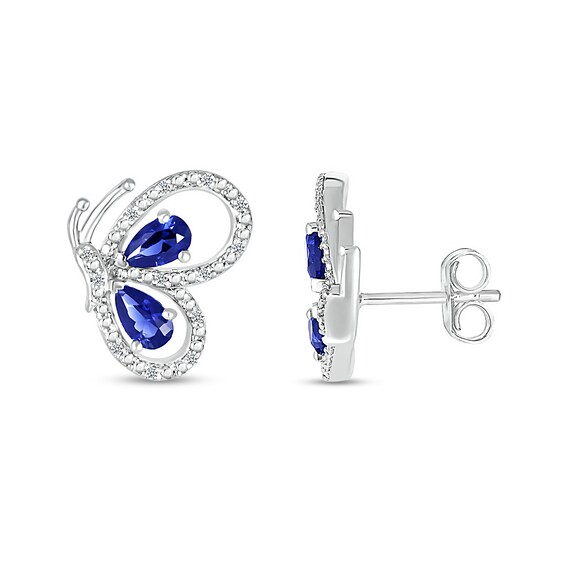 Pear-Shaped Blue Lab-Created Sapphire and 1/20 CT. T.w. Diamond Butterfly Profile Stud Earrings in Sterling Silver