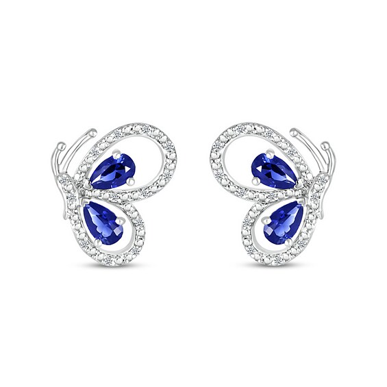 Pear-Shaped Blue Lab-Created Sapphire and 1/20 CT. T.w. Diamond Butterfly Profile Stud Earrings in Sterling Silver