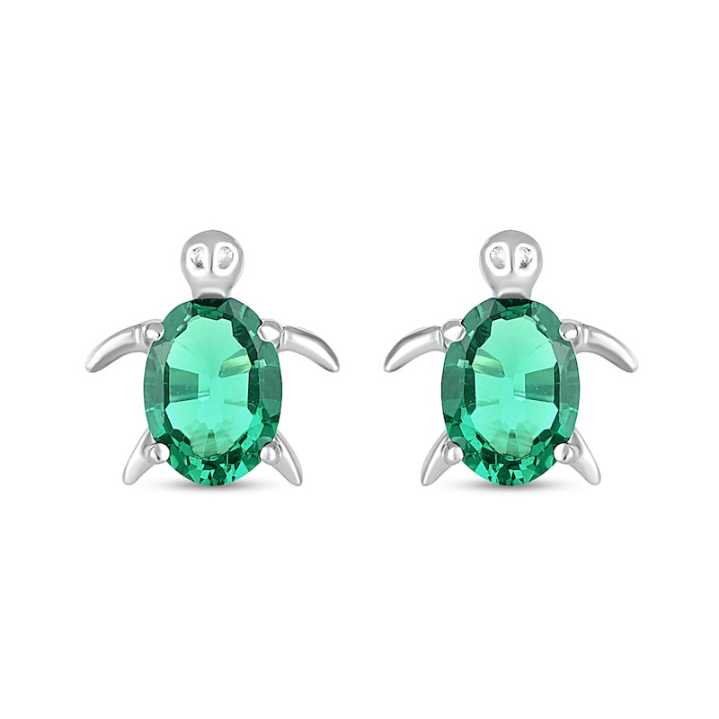 Oval Lab-Created Emerald Sea Turtle Stud Earrings in Sterling Silver