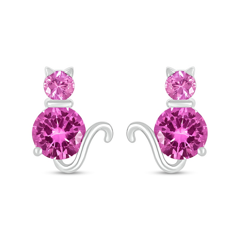 Pink Lab-Created Sapphire Cat Stud Earrings in Sterling Silver