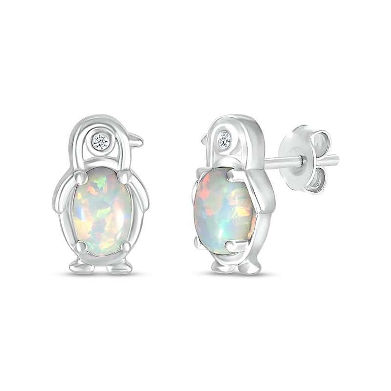 Main Image 1 of Oval Lab-Created Opal and Diamond Accent Penguin Outline Stud Earrings in Sterling Silver