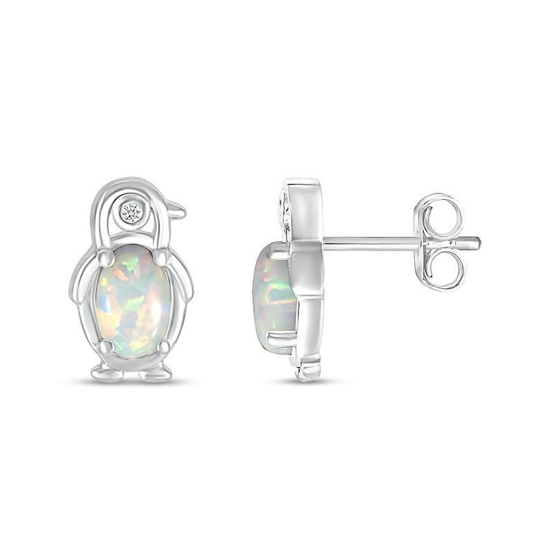Oval Lab-Created Opal and Diamond Accent Penguin Outline Stud Earrings in Sterling Silver
