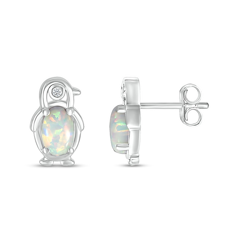 Main Image 2 of Oval Lab-Created Opal and Diamond Accent Penguin Outline Stud Earrings in Sterling Silver