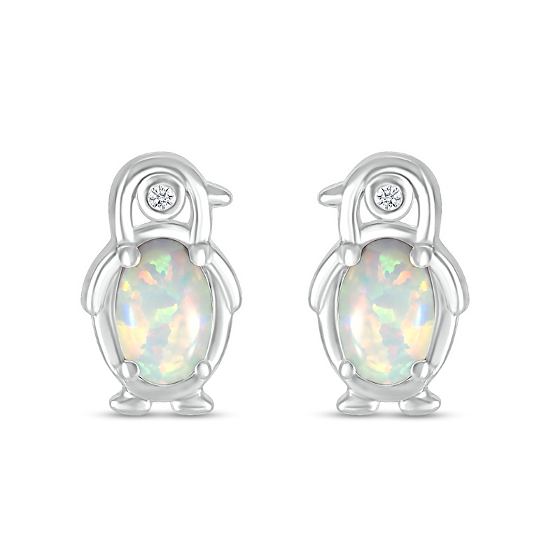 Oval Lab-Created Opal and Diamond Accent Penguin Outline Stud Earrings in Sterling Silver