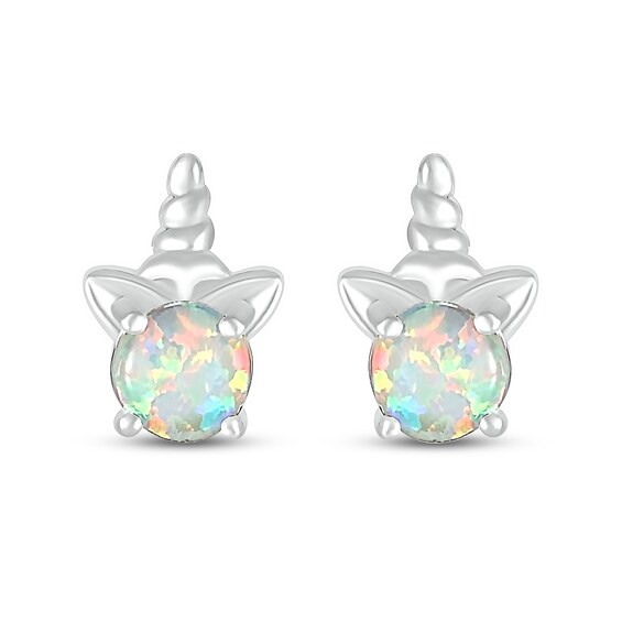 5.0mm Lab-Created Opal Solitaire Unicorn Stud Earrings in Sterling Silver