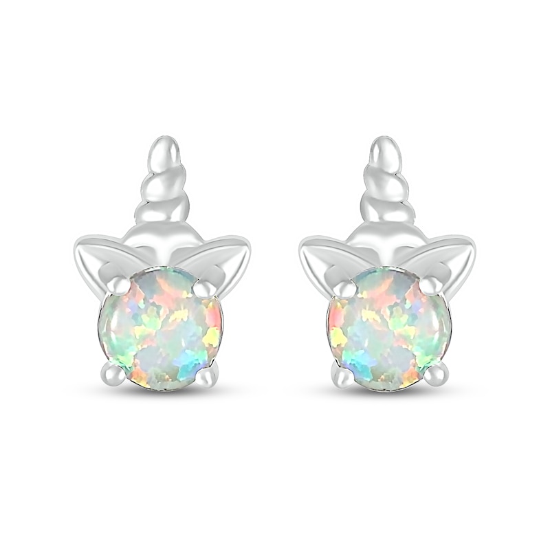 5.0mm Lab-Created Opal Solitaire Unicorn Stud Earrings in Sterling Silver