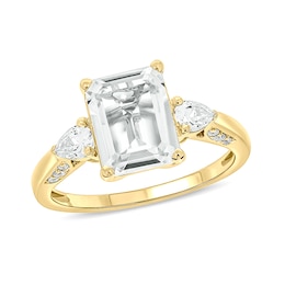 Emerald-Cut White Lab-Created Sapphire and 1/10 CT. T.W. Diamond Side Accent Ring in Sterling Silver and 14K Gold Plate