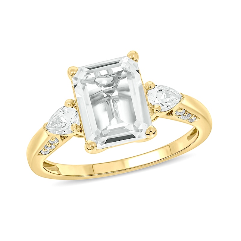 Main Image 1 of Emerald-Cut White Lab-Created Sapphire and 1/10 CT. T.W. Diamond Side Accent Ring in Sterling Silver and 14K Gold Plate