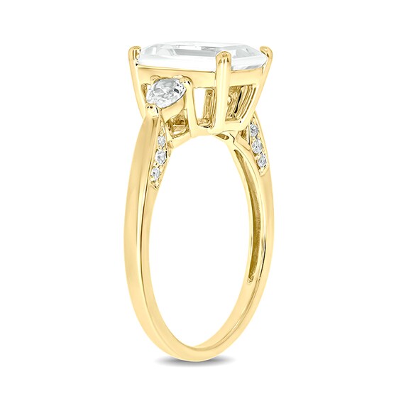 Emerald-Cut White Lab-Created Sapphire and 1/10 CT. T.w. Diamond Side Accent Ring in Sterling Silver and 14K Gold Plate