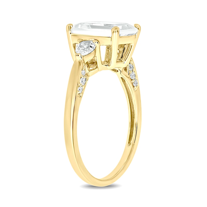 Main Image 2 of Emerald-Cut White Lab-Created Sapphire and 1/10 CT. T.W. Diamond Side Accent Ring in Sterling Silver and 14K Gold Plate