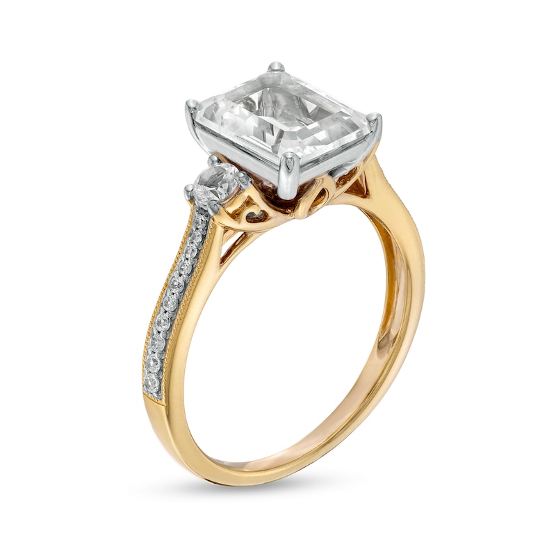 Main Image 3 of Emerald-Cut White Lab-Created Sapphire and 1/10 CT. T.W. Diamond Three Stone Engagement Ring in 14K Gold Over Silver