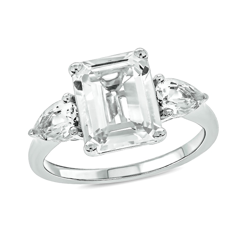 Main Image 1 of Emerald-Cut and Sideways Pear-Shaped White Lab-Created Three Stone Ring in Sterling Silver