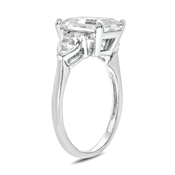 Emerald-Cut and Sideways Pear-Shaped White Lab-Created Three Stone Ring in Sterling Silver