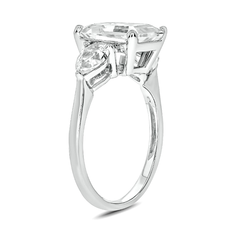 Main Image 2 of Emerald-Cut and Sideways Pear-Shaped White Lab-Created Three Stone Ring in Sterling Silver