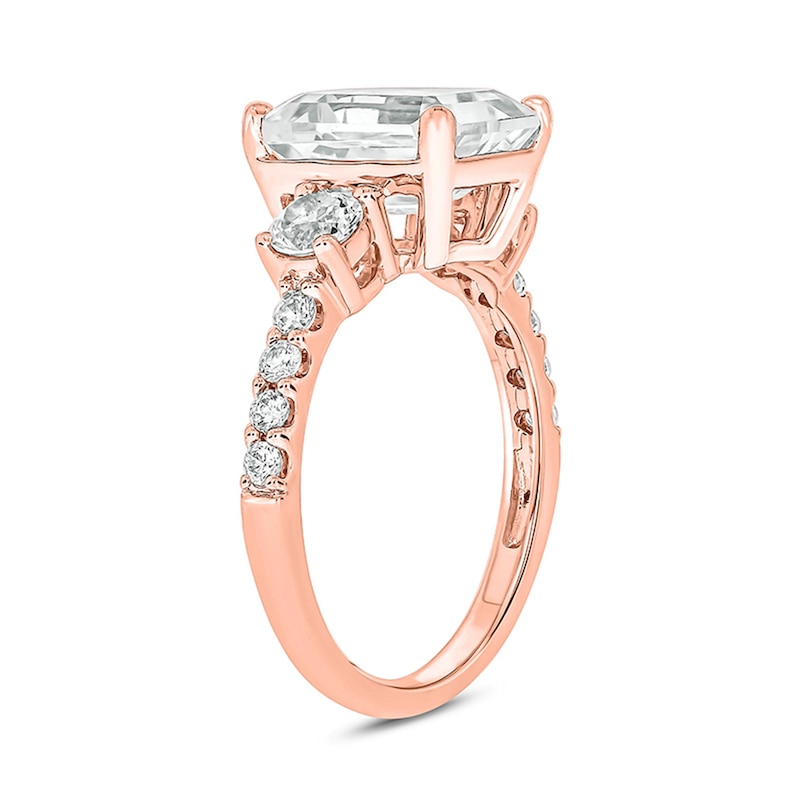 Main Image 2 of Emerald-Cut and Round White Lab-Created Sapphire and 1/5 CT. T.W. Diamond Three Stone Ring in 10K Rose Gold