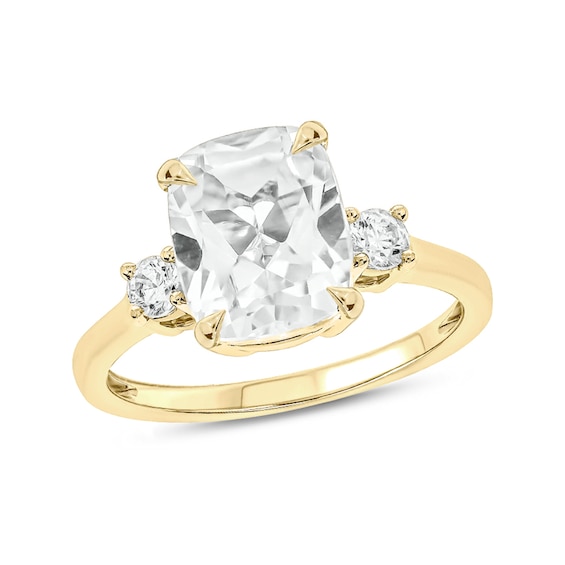Cushion-Cut White Lab-Created Sapphire and 1/5 CT. T.w. Diamond Side Accents Ring in 10K Gold