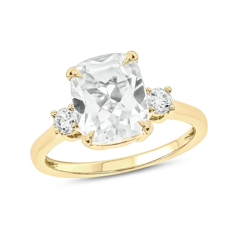 Main Image 1 of Cushion-Cut White Lab-Created Sapphire and 1/5 CT. T.W. Diamond Side Accents Ring in 10K Gold