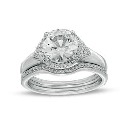 8.0mm White Lab-Created Sapphire and 1/5 CT. T.W. Diamond Frame Chevron Size Accent Bridal Set in Sterling Silver