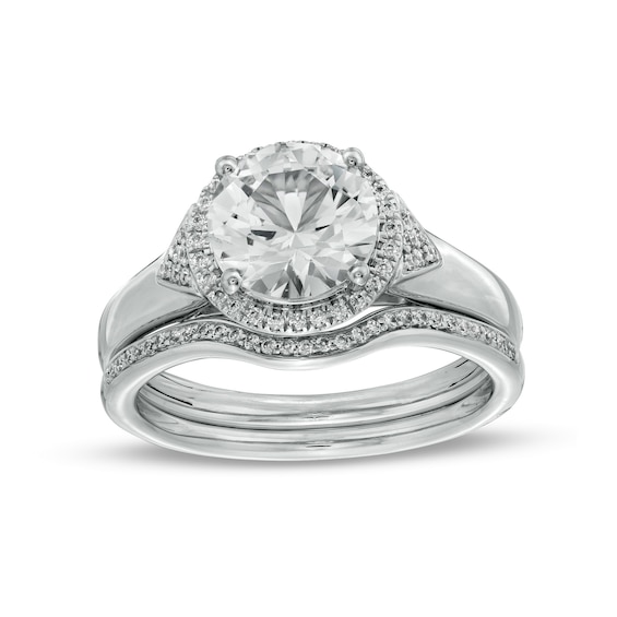 8.0mm White Lab-Created Sapphire and 1/5 CT. T.w. Diamond Frame Chevron Size Accent Bridal Set in Sterling Silver