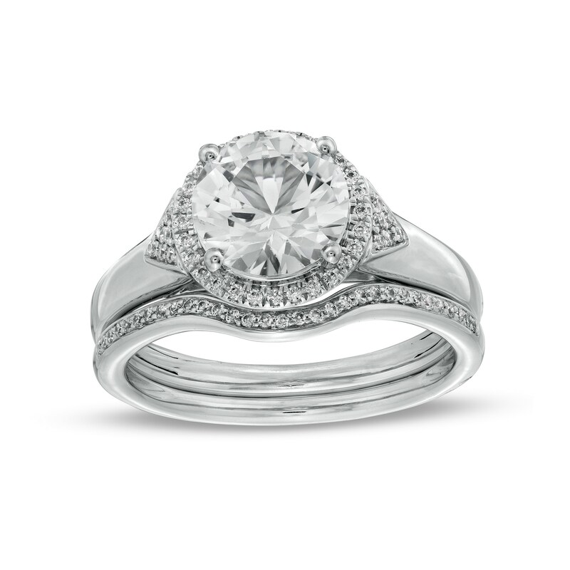 Main Image 1 of 8.0mm White Lab-Created Sapphire and 1/5 CT. T.W. Diamond Frame Chevron Size Accent Bridal Set in Sterling Silver