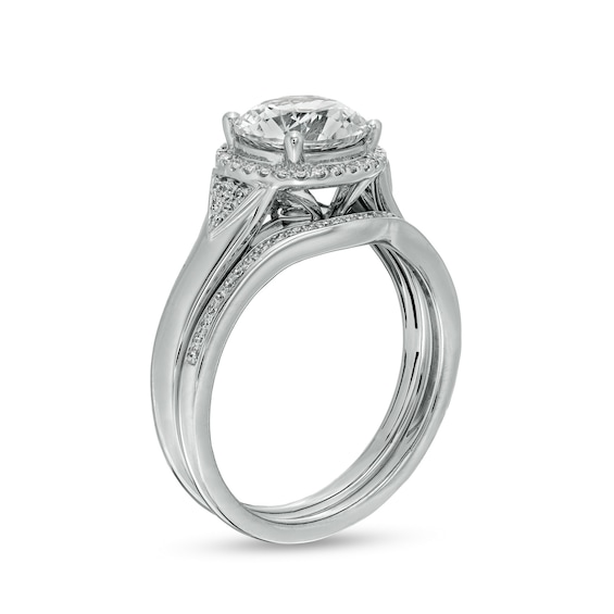 8.0mm White Lab-Created Sapphire and 1/5 CT. T.w. Diamond Frame Chevron Size Accent Bridal Set in Sterling Silver