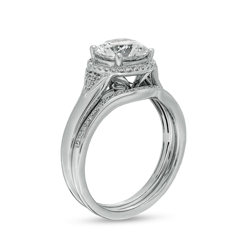 Main Image 3 of 8.0mm White Lab-Created Sapphire and 1/5 CT. T.W. Diamond Frame Chevron Size Accent Bridal Set in Sterling Silver