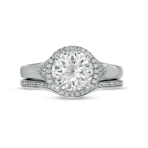 8.0mm White Lab-Created Sapphire and 1/5 CT. T.w. Diamond Frame Chevron Size Accent Bridal Set in Sterling Silver